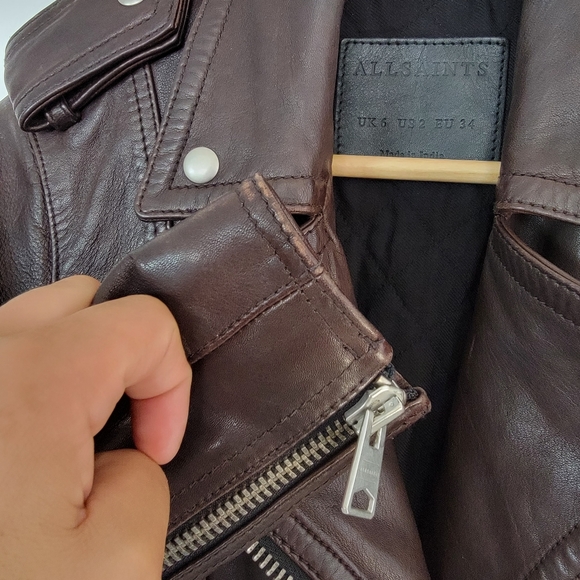 All Saints Gidley Biker Jacket Lamb Leather Chocolate Brown Size US 2 - Picture 4 of 6